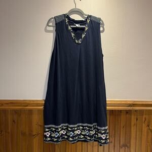 J Jill Sleeveless Embroidered Dress Sz XL Navy Blue Floral Casual Summer